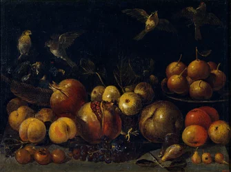 Naturaleza muerta con granadas, manzanas, peras, uvas, higos y pájaros